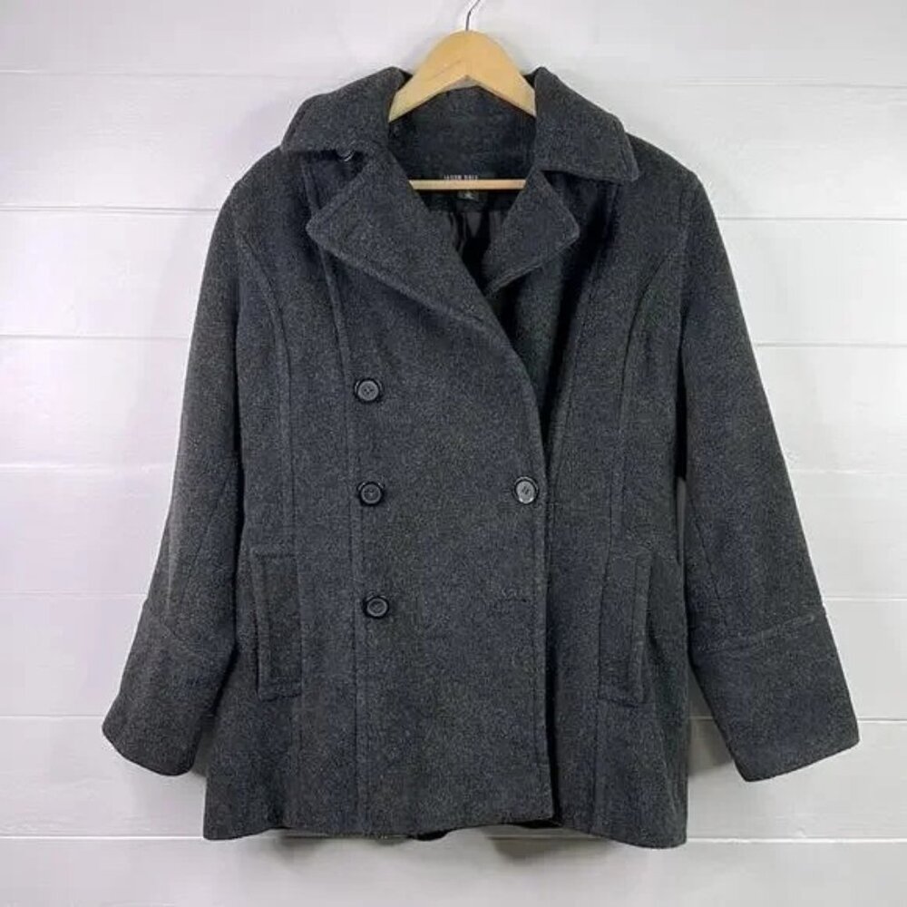 JASON KOLE Black Wool Double Breasted Button‎ Up Pea Coat Jacket Size Large